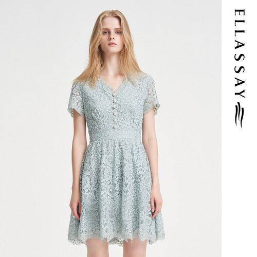 ELLASSAY歌力思春季新款双层裙摆珠片蕾丝连衣裙EWE351Y09200