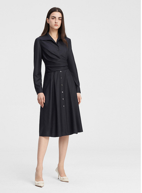 ELLASSAY歌力思2025年秋季新款翻领褶皱中长款连衣裙EWE343Y03800