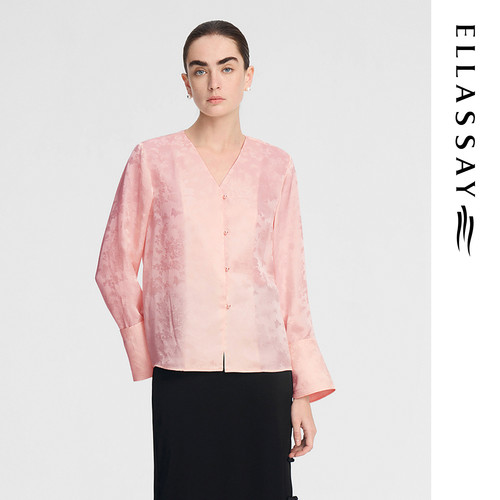 ELLASSAY歌力思秋季新款桑蚕丝新中式V领提花衬衫女EWA356C00700