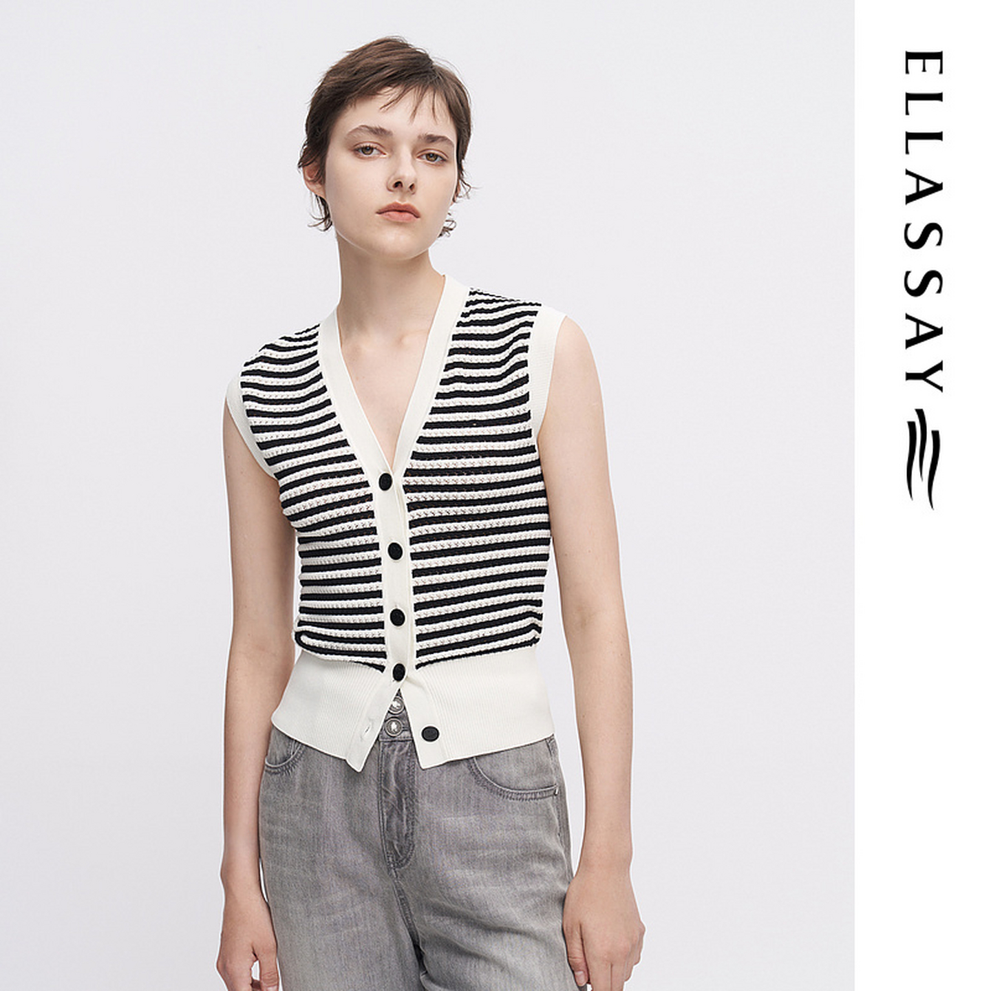 ELLASSAY歌力思夏季新款撞色条纹V领无袖针织衫女EWW342M04600