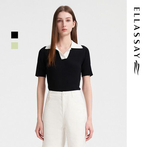 ELLASSAY歌力思夏季新款撞色POLO领显瘦短袖针织衫女EWB352M00100