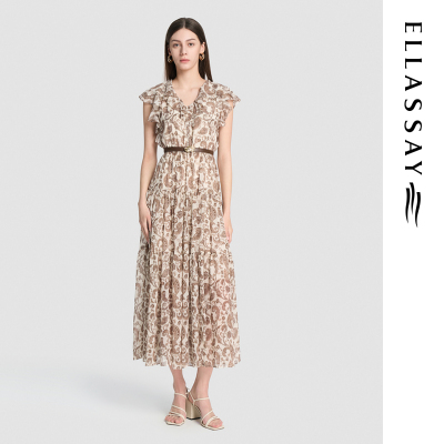 ELLASSAY歌力思2026春夏新款简约V领印花连衣裙女EWD371Y02000