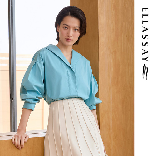 ELLASSAY歌力思秋季新款棉法式大翻领湖蓝色衬衫女EWE363C01000