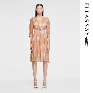ELLASSAY歌力思夏季新款桑蚕丝V领气质百搭连衣裙女EWE352Y15200