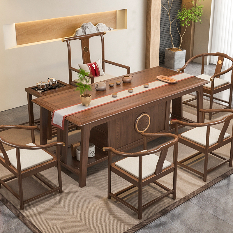 新中式实木茶桌椅组合一桌五椅胡桃木色茶台茶桌阳台客厅家用新款