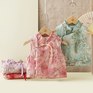 新款夹棉国风马甲冬季拜年服女童宝宝民族风加绒加厚网红背心唐装