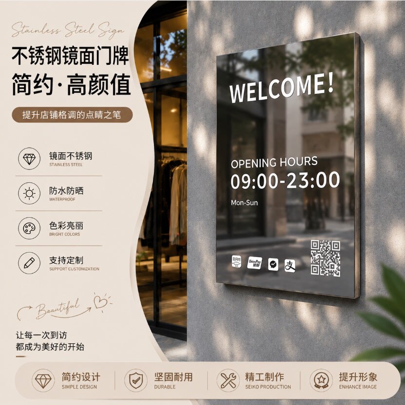 轻奢不锈钢营业时间告示牌定制