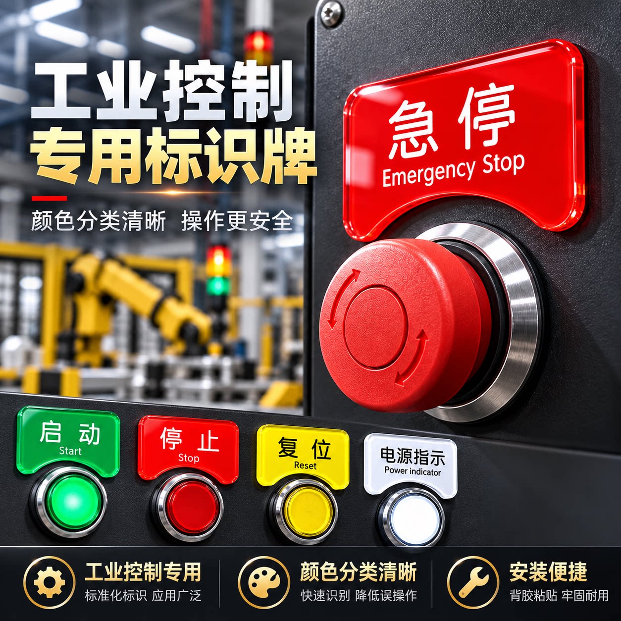 亚克力机械设备按钮简约标签防水不干胶贴纸电源开关复位停止标识牌紧急暂停故障指示灯压力表报警提示贴定做