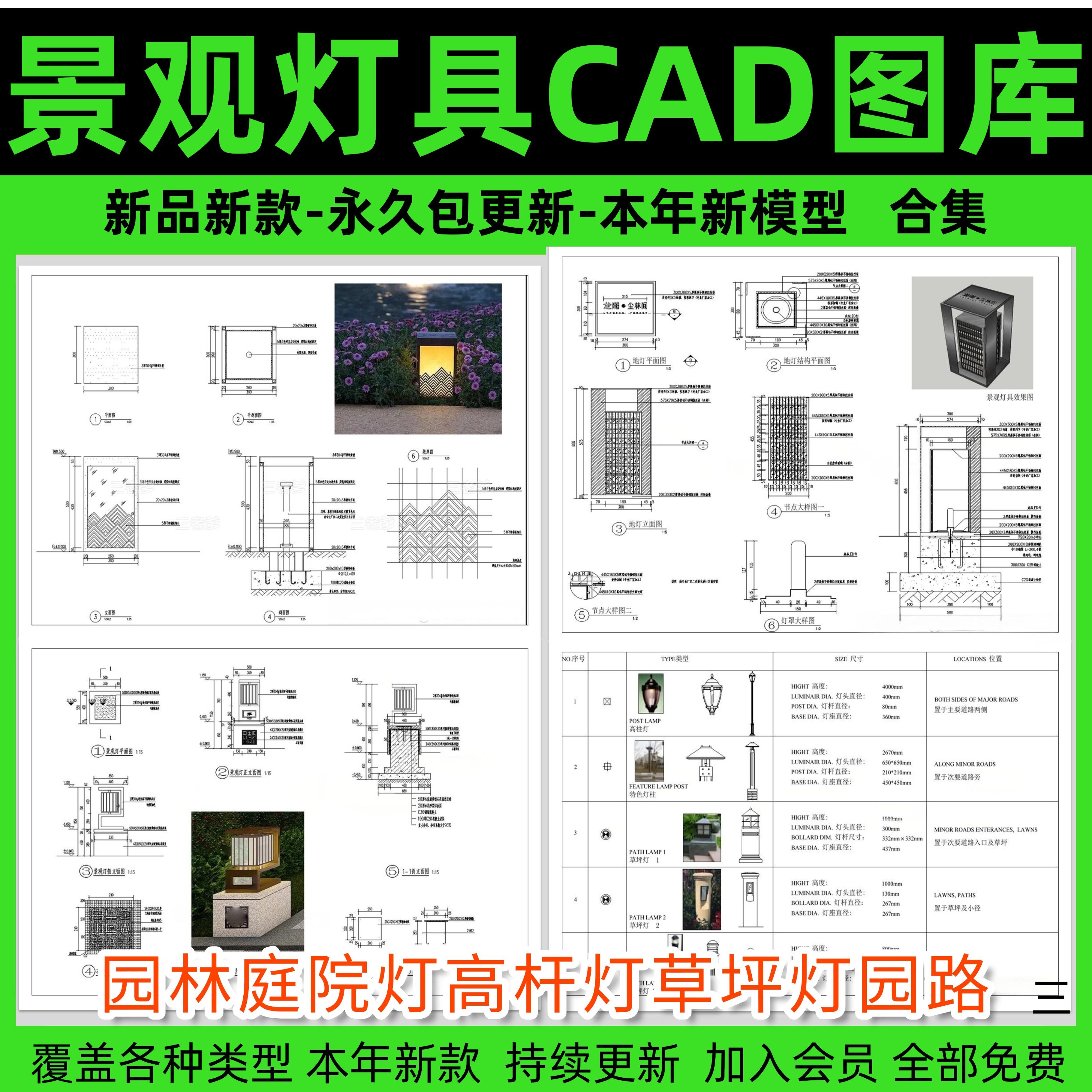 景观灯CAD图库 园林庭院灯高杆灯草坪灯园路灯灯具大样节点施工图,商务/设计服务,设计素材/源文件,淘宝优惠券,粉丝福利购,淘宝优惠卷