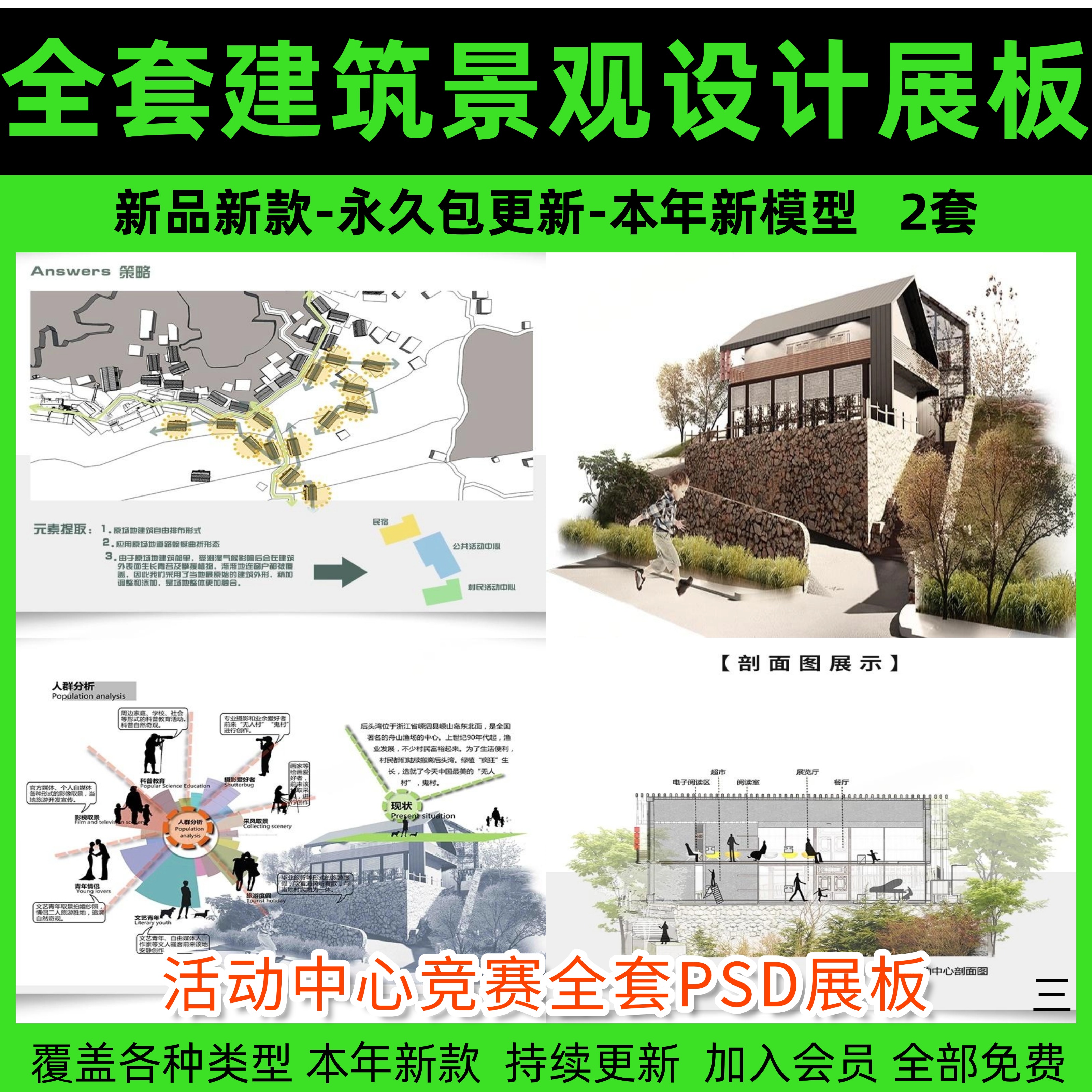 活动中心竞赛全套PSD展板SU模型CAD图纸ps分析图PPT方案模板排版