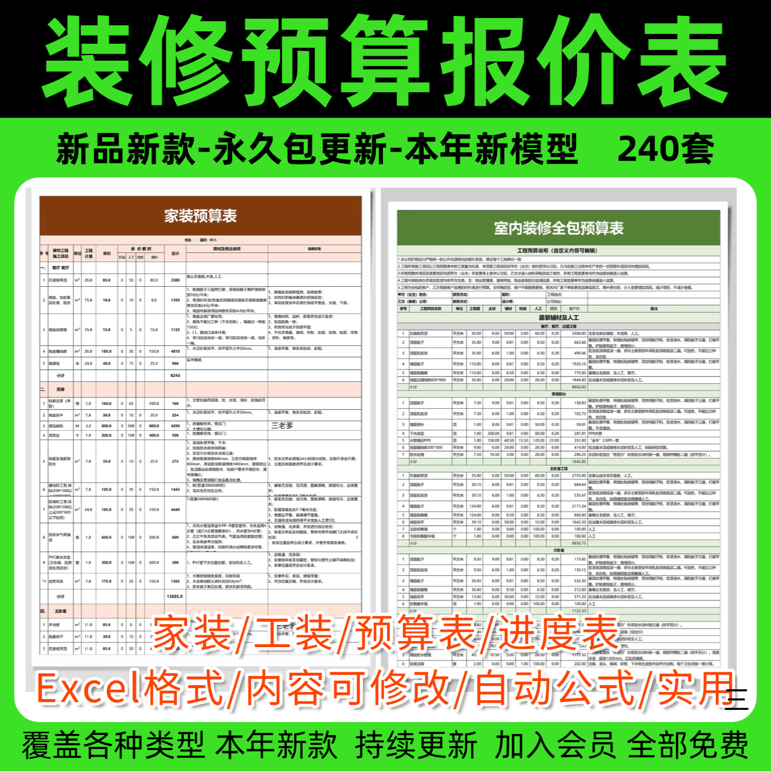 装修预算报价表家装工装公司材料价格表模板施工清单半包全包2025