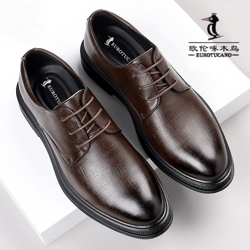 欧伦啄木鸟皮鞋男秋季新款真皮休闲皮鞋商务正装工作鞋增高尖头鞋