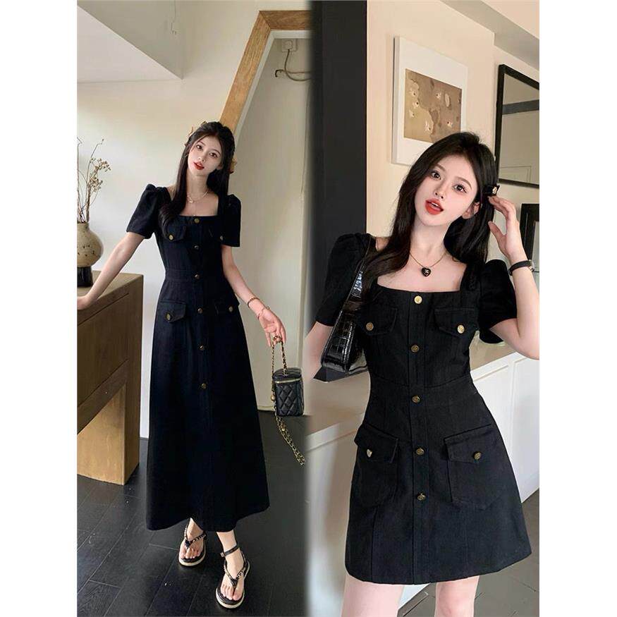 大码法式方领连衣裙女夏