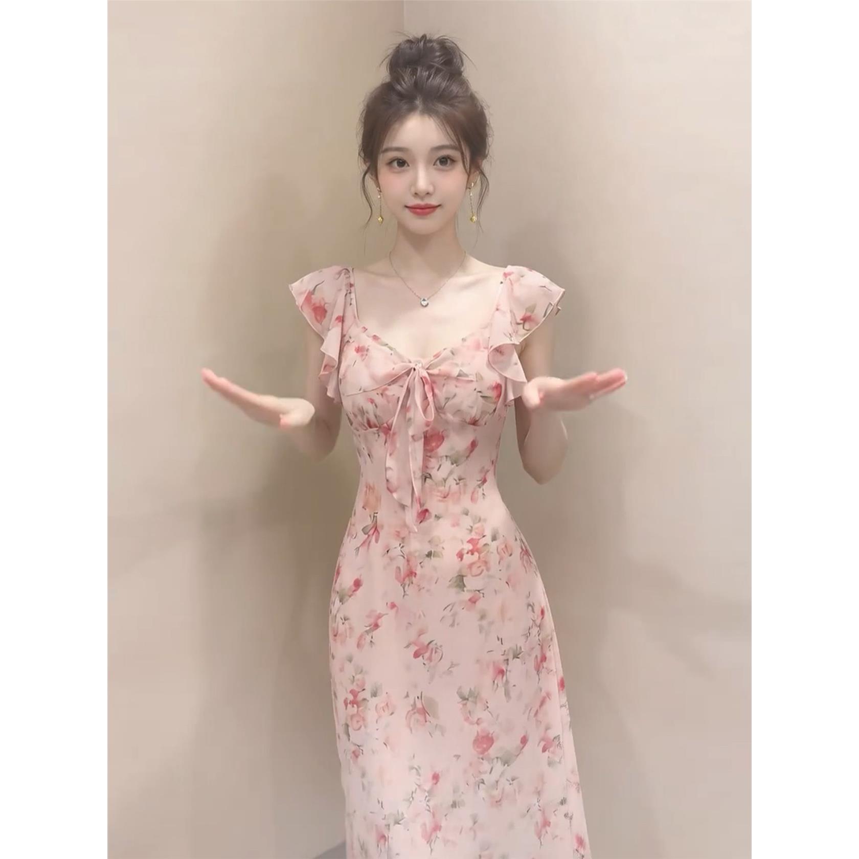 粉色气质领碎花连衣裙子