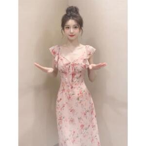 粉色气质领碎花连衣裙子