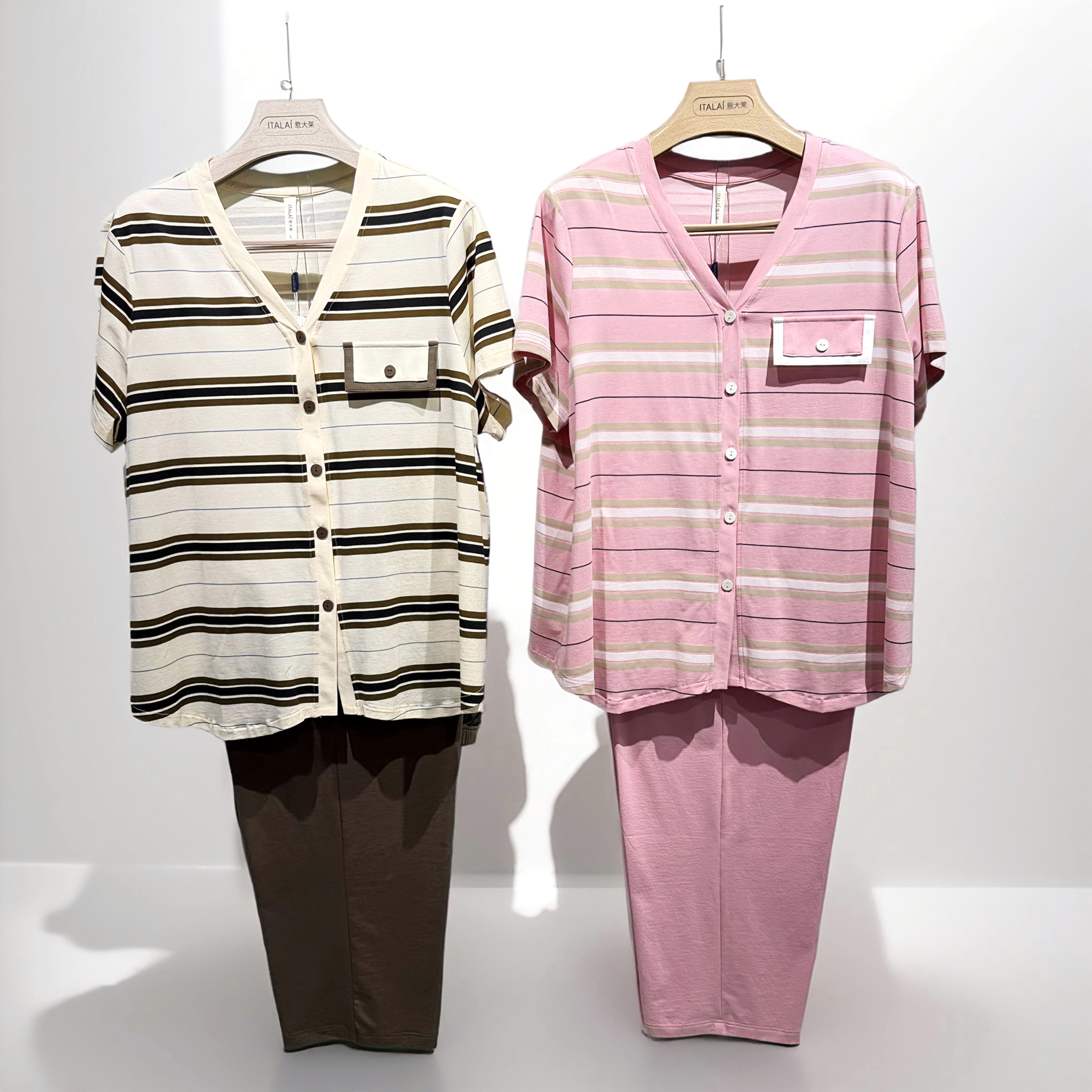 意大莱春夏女士冰感棉Y领开衫半袖长裤睡衣家居服套装6A558