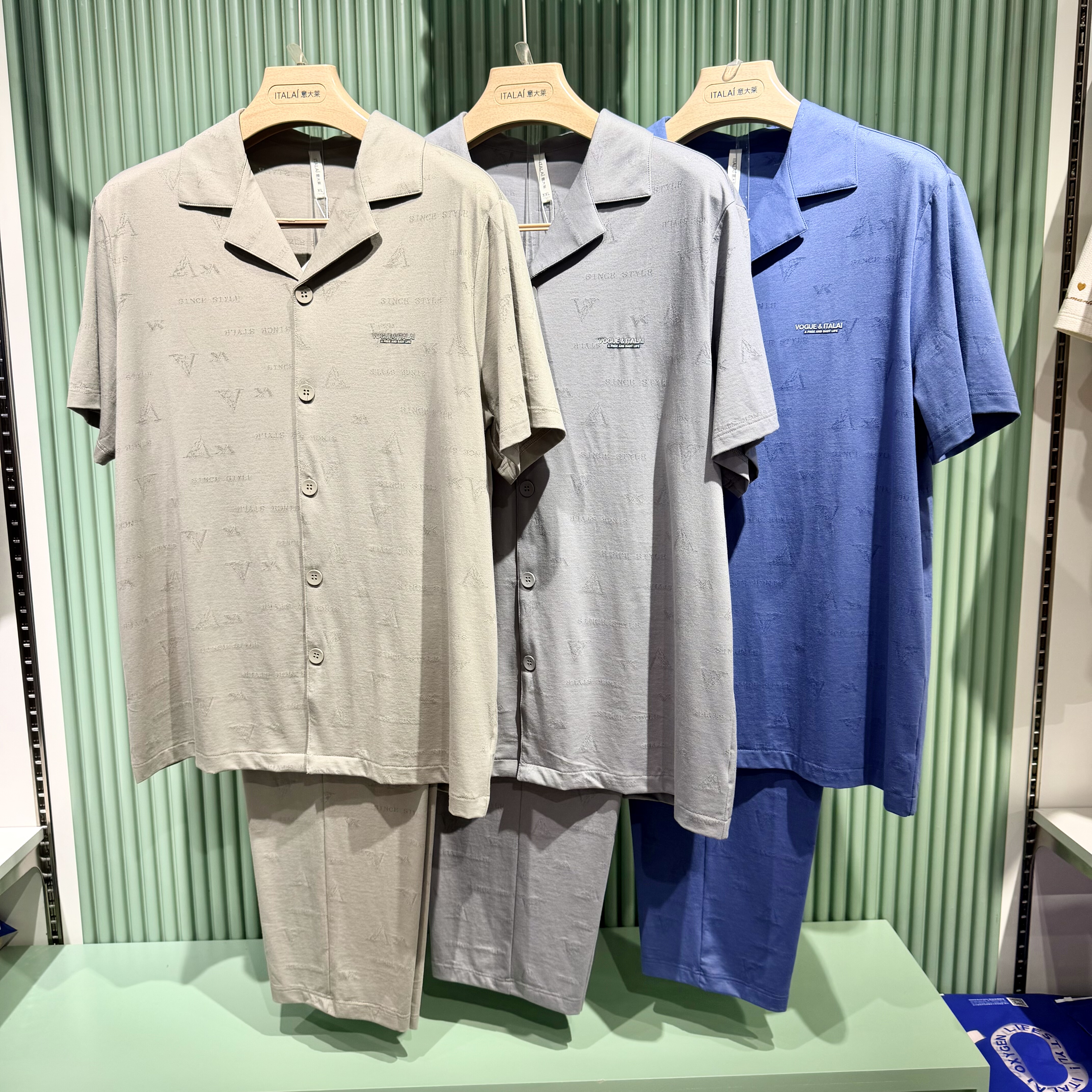 意大莱春夏男士冰感棉提花国民领开衫半袖睡衣家居服套装6A232