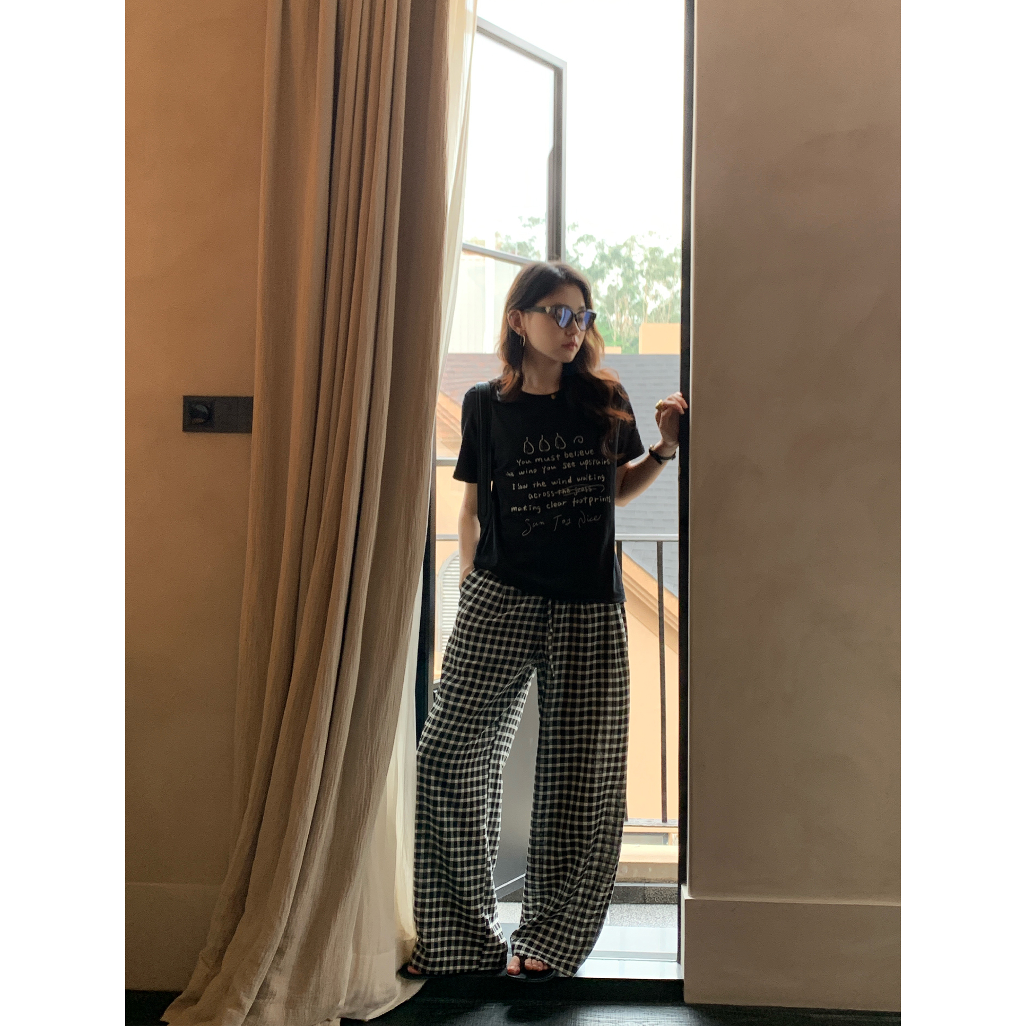 pusumede假日懒懒裤|复古格子休闲裤女抽绳宽松慵懒直筒阔腿长裤