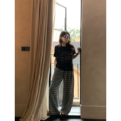 女抽绳宽松慵懒直筒阔腿长裤 pusumede假日懒懒裤 复古格子休闲裤