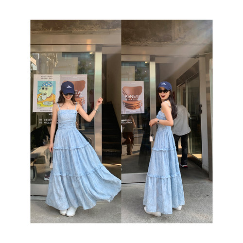 蓝调水墨抹胸吊带连衣裙女