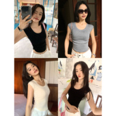 现货6.5折 U领针织短袖 t恤女修身 pusumede 小飞袖 气质上衣