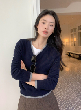 pusumede 留学笔记 1OO羊毛V领撞色针织衫女宽松长袖慵懒风上衣