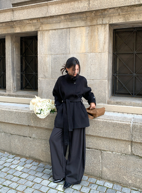 pusumede 暮光之城 黑色绵羊毛立领呢子外套女高级感短款毛呢大衣