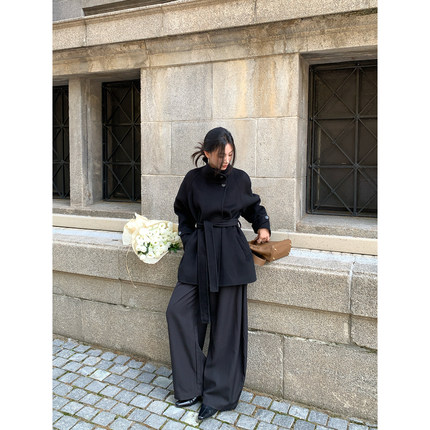 pusumede 暮光之城 黑色绵羊毛立领呢子外套女高级感短款毛呢大衣