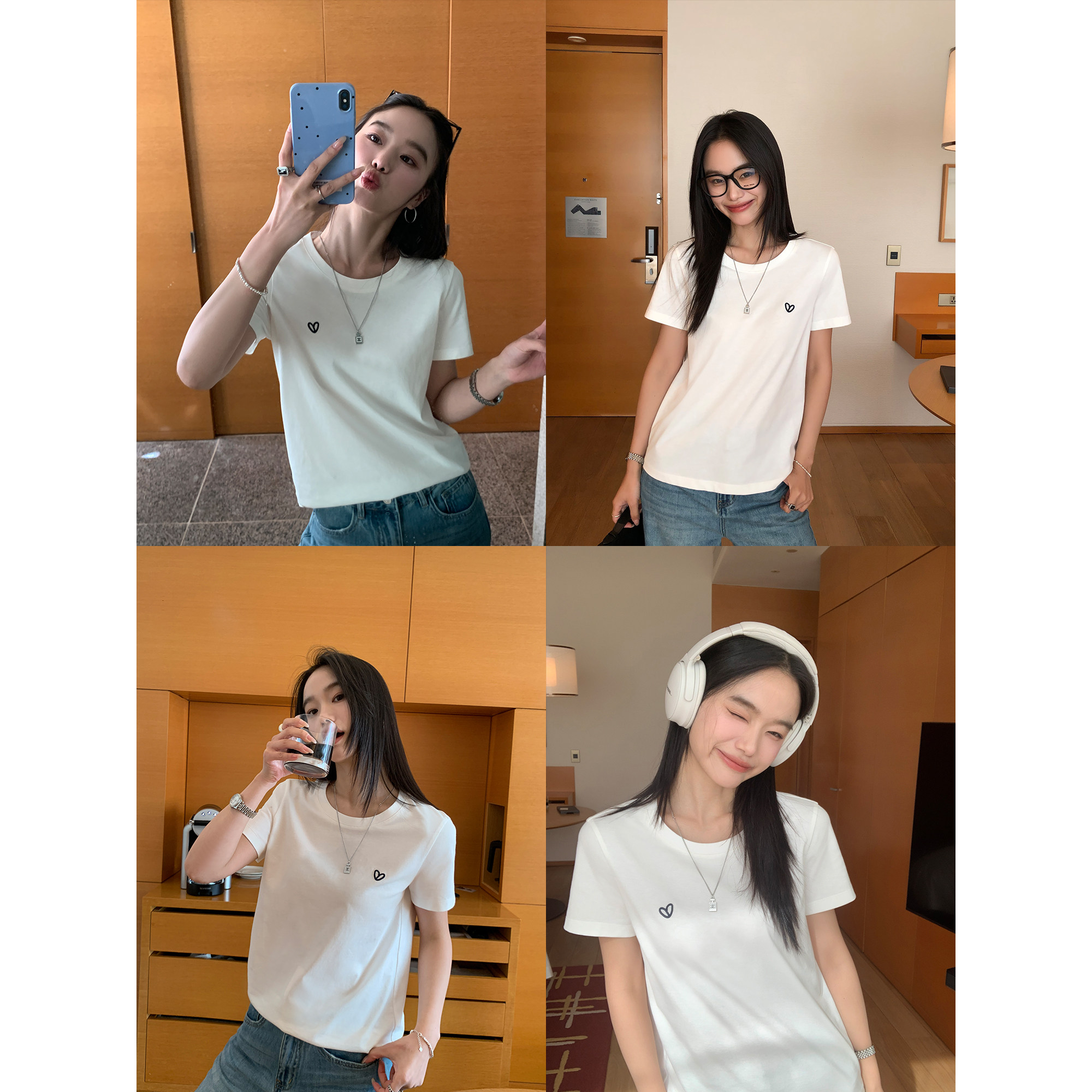 pusumede 爱心刺绣 正肩短袖T恤女夏季韩版宽松圆领显瘦百搭上衣