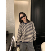 圆领套头卫衣女韩系复古休闲慵懒宽松长袖 pusumede 撞色条纹 上衣