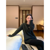 t恤女慵懒宽松中长款 pusumede淡颜范本 加绒圆领套头长袖 针织上衣