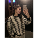 pusumede 复古圆领条纹卫衣女韩系刺绣休闲慵懒宽松上衣 松弛漫旅