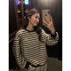 pusumede 松弛漫旅 复古圆领条纹卫衣女韩系刺绣休闲慵懒宽松上衣