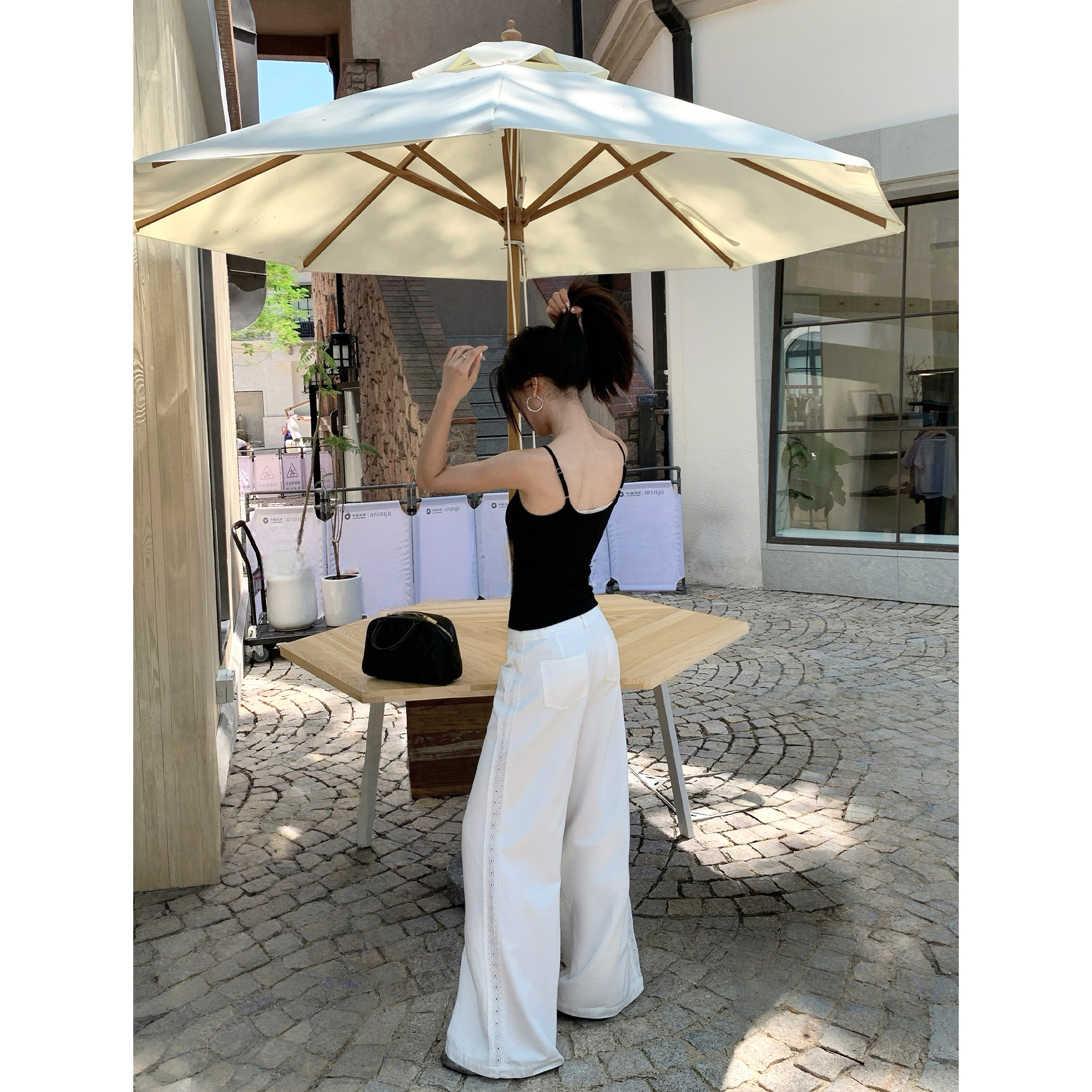 pusumede镂空蕾丝花边休闲裤女白色宽松直筒阔腿裤设计感小众长裤