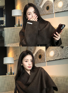 pusumede 暖境冬日 绵羊毛双面呢大衣女气质围巾披肩披肩毛呢外套