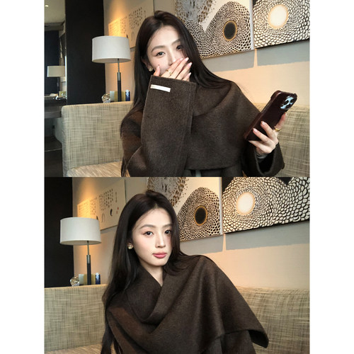 pusumede 温暖壁炉 轻奢绵羊毛双面呢大衣女气质围巾披肩毛呢外套