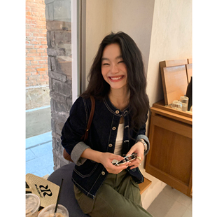 pusumede 牛仔往事 复古圆领牛仔外套女宽松休闲气质夹克百搭上衣