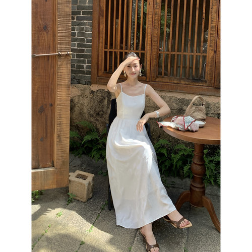 pusumede 晨曦雾粉 高级感提花吊带连衣裙女法式气质收腰a字长裙