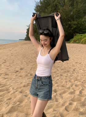 pusumede经典卷边!复古高腰牛仔短裤女百搭a字包臀休闲裤阔腿热裤