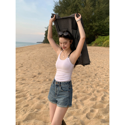 复古高腰牛仔短裤女阔腿热裤