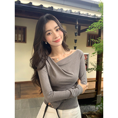 pusumede气质学姐 斜肩针织T恤女长袖修身显瘦高级设计感露肩上衣