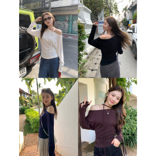 针织t恤女收腰设计感气质飘带上衣 斜露肩长袖 pusumede 腰线陷阱