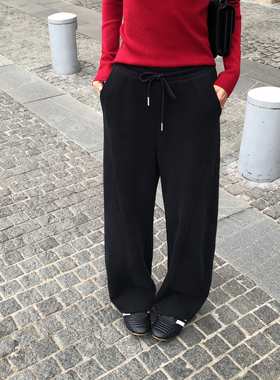 pusumede实穿C位 松紧腰加绒阔腿卫裤女休闲束脚裤宽松拖地长裤