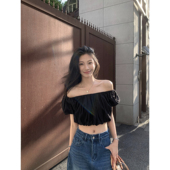 现货6折 灯笼袖 一字肩短款 女露肩短袖 上衣 高腰小衫 pusumede