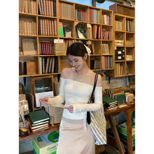 t恤女吊带背心夏设计感上衣 撞色一字肩长袖 pusumede 现货4折