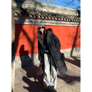 pusumede长款羽绒服女冬季新款保暖白鸭绒韩系宽松过膝连帽外套
