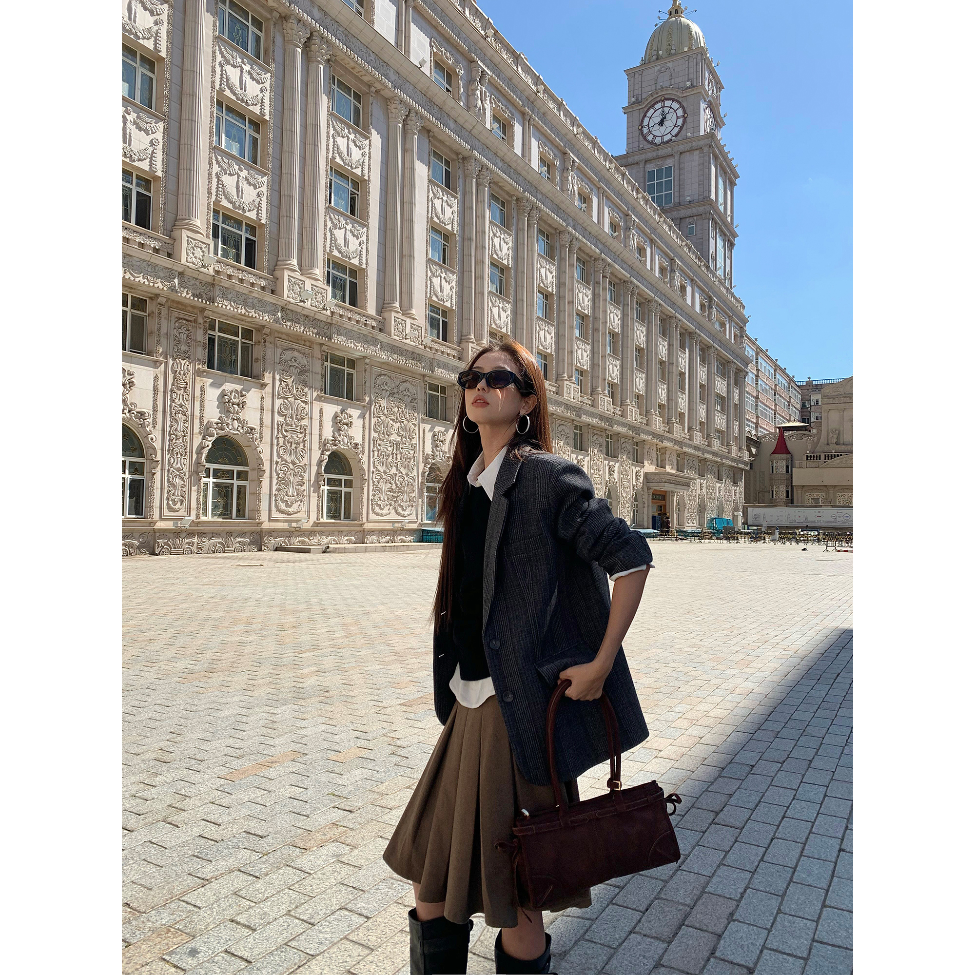 曼彻街头压褶羊毛a字毛呢半身裙