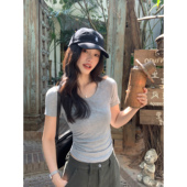 基础款 U领短袖 t恤女修身 pusumede 气质百搭正肩收腰短款 针织上衣