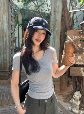 pusumede 基础款U领短袖t恤女修身气质百搭正肩收腰短款针织上衣