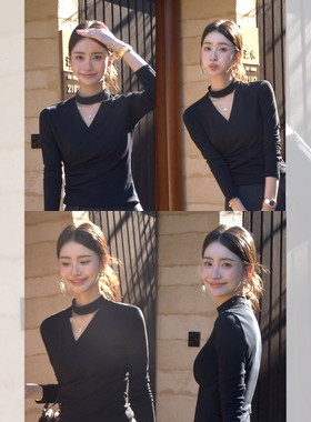 pusumede 优雅风韵 气质V领长袖针织衫女设计感挂脖修身T恤上衣